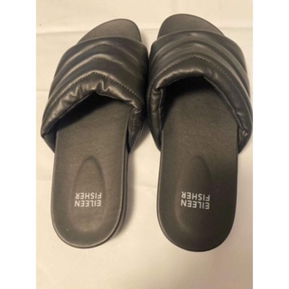 Eileen Fisher Haze Black Quilted Leather Slide Sandals Flat Women's 8.5 M NWOT